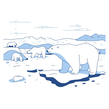 A white polar bear is standing on a snowy surface, watching intently with its dark eyes. In the background, there are more polar bears roaming, some playing while others are foraging in the snow. The snowy arctic landscape features rolling hills and patches of ice, with texture visible on the surface from the wind. Above, the pale sky is dotted with soft gray clouds, creating a serene atmosphere over the scene. The overall composition captures the vastness of the arctic environment and the bears' natural habitat.