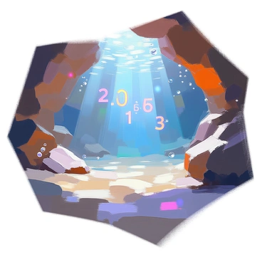 An underwater cavern filled with an array of "glowing decimal numbers" floating in the water, illuminating the rocky walls and the sandy floor. The numbers emit a soft, radiant light in various colors, creating a surreal atmosphere within the cavern. Bubbles rise gently from the sand, and shadows dance across the surfaces, enhancing the mysterious quality of the scene. The water is clear, allowing visibility of the numbers and the intricate textures of the cavern's formations.