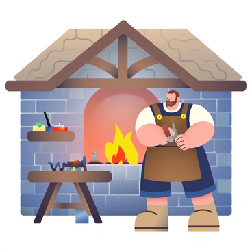 A medieval blacksmith shop is depicted with a stone building, featuring a thatched roof and wooden beams. Inside, a large forge is at the center, with glowing embers and a crackling fire. The fire triangle, consisting of a flame, fuel, and heat, is subtly illustrated with faint lines formed by the glow of the fire, emphasizing its presence. Surrounding the forge, there are various tools including hammers, tongs, and anvils scattered on a wooden workbench. A large, muscular blacksmith with a beard is seen working on a glowing piece of metal, wearing a leather apron, with sweat glistening on his forehead under the warm light of the fire. The atmosphere is filled with the scent of smoke and the sound of metal striking metal.