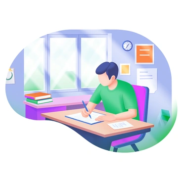 A student sitting at a wooden desk, focused on an exam. The student is holding a sharpened pencil, writing on a sheet of lined paper. Sunlight streams through large windows, illuminating the bright classroom. Colorful posters decorate the walls, showcasing educational topics. A neatly arranged stack of books sits on the side of the desk, and a clock is visible on the wall, indicating the time as the student works diligently.