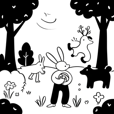 A small rabbit with long ears is surrounded by various animal friends, including a deer, a fox, and a bear. The rabbit is holding a colorful ball, while the deer is playfully jumping in the background. The forest is filled with tall trees, dense foliage, and scattered wildflowers. Sunlight filters through the leaves, casting intricate shadows on the ground. The animals are positioned in a cheerful arrangement, engaged in playful activities.