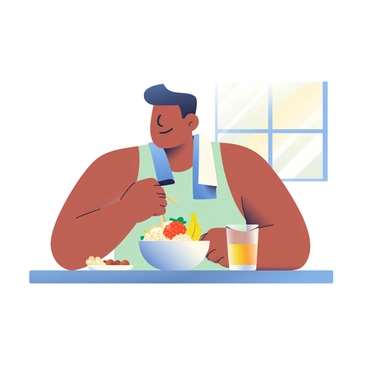 An athlete with an athletic build is seated at a wooden table, enjoying a wholesome breakfast. In front of him is a bowl of creamy oatmeal, generously topped with bright red strawberries, yellow banana slices, and a drizzle of golden honey. He is wearing a sleeveless sports shirt and a towel is casually draped around his neck. A glass of orange juice is placed nearby, and there is a small plate with a handful of nuts on the table. The morning light streams in through a window, illuminating the meal and creating a warm, inviting atmosphere.