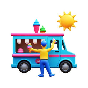 A person standing at a colorful ice cream truck. The ice cream truck is adorned with vibrant graphics and bright colors. The person is reaching out to select a cone filled with a swirl of colorful ice cream. The scene is lively, with various ice cream flavors displayed prominently on the truck's side. The sun is shining, creating a cheerful atmosphere.