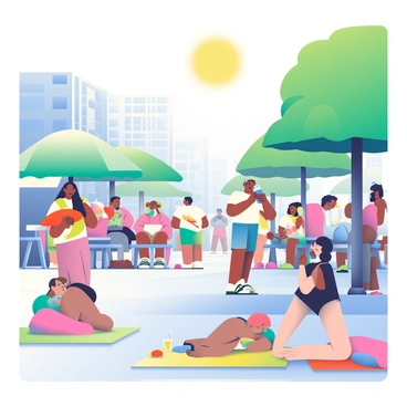 A bustling city street is filled with a diverse group of people seeking shade. Some individuals are standing under large green umbrellas at outdoor cafes, while others are gathered around a shaded tree, enjoying cold drinks. A woman with long black hair is holding a bright red fan, using it to cool herself. Nearby, a man in a white t-shirt is sipping from a blue water bottle, looking for relief from the heat. The pavement appears shimmering under the intense sunlight, and a few colorful beach towels are laid out on the ground where families are enjoying snacks. In the background, buildings cast long shadows, offering a contrast to the bright sun shining overhead.