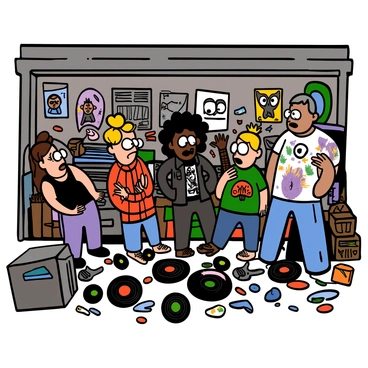 A teenage rock band is standing in a cluttered garage, filled with scattered musical equipment and pieces of scrap wood. The band members include a light-skinned girl with big eyes and long brown hair wearing a black tank top, a dark-skinned boy with big eyes and curly hair wearing a red plaid shirt, a light-skinned boy with big eyes and spiky blonde hair wearing a leather jacket, and a girl with big eyes and dyed blue hair wearing a graphic tee. They are animatedly arguing with their manager, a middle-aged man with big eyes and short gray hair, who is wearing a faded band t-shirt and jeans. The atmosphere is charged, with discarded guitar picks and vinyl records scattered around, highlighting the chaotic scene. The walls are adorned with posters of famous rock bands, adding to the creative vibe of the garage.