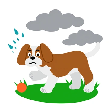 A brown and white dog with floppy ears flinches as a small, bright orange ball rolls away from it. The dog's eyes are wide and its body is tense, showing its startled reaction to the sudden thunder rumble. The background features dark gray clouds, indicating an approaching storm, while a few raindrops begin to fall around the scene. The grass beneath the dog is bright green, contrasting with the dark sky. The ball continues to roll away, emphasizing the dog's focus and surprise.