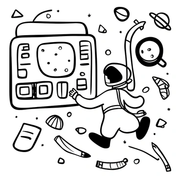 A pig in a space suit is floating inside a spaceship, surrounded by various floating tools and equipment. The pig has a helmet on its head, with the visor reflecting the interior of the spaceship. There are control panels and screens mounted on the walls of the spaceship. A small window shows distant stars and planets outside. The pig holds a space food packet, and there are scattered loose items like pencils and a notepad floating nearby.