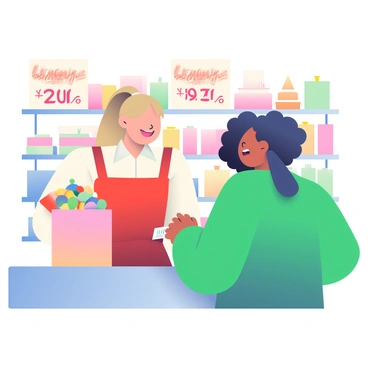 A friendly cashier with light brown hair tied back in a ponytail is standing behind a checkout counter in a brightly lit store. She is wearing a red apron over a white shirt, and her smile is warm and inviting. In front of her, a happy customer with curly black hair wearing a green sweater is receiving a receipt. The customer is holding a shopping bag filled with various items, and they both appear to be engaged in a cheerful conversation. Behind the cashier, shelves are stocked with colorful merchandise, decorated with festive signs indicating Black Friday discounts.