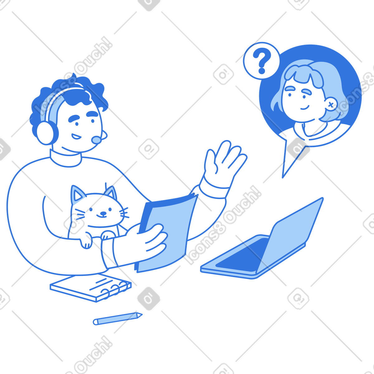 Helpdesk worker answering question via laptop, Technical assistance or troubleshooting illustrazione in stile Sky scarica in PNG, SVG