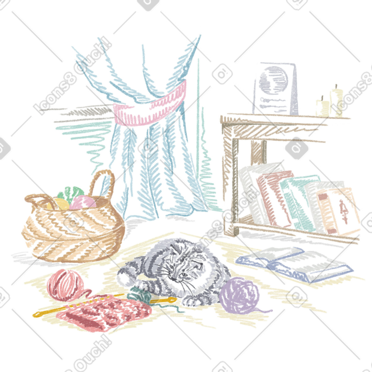Kitten playing with a ball of yarn illustration animal clipart image in PNG