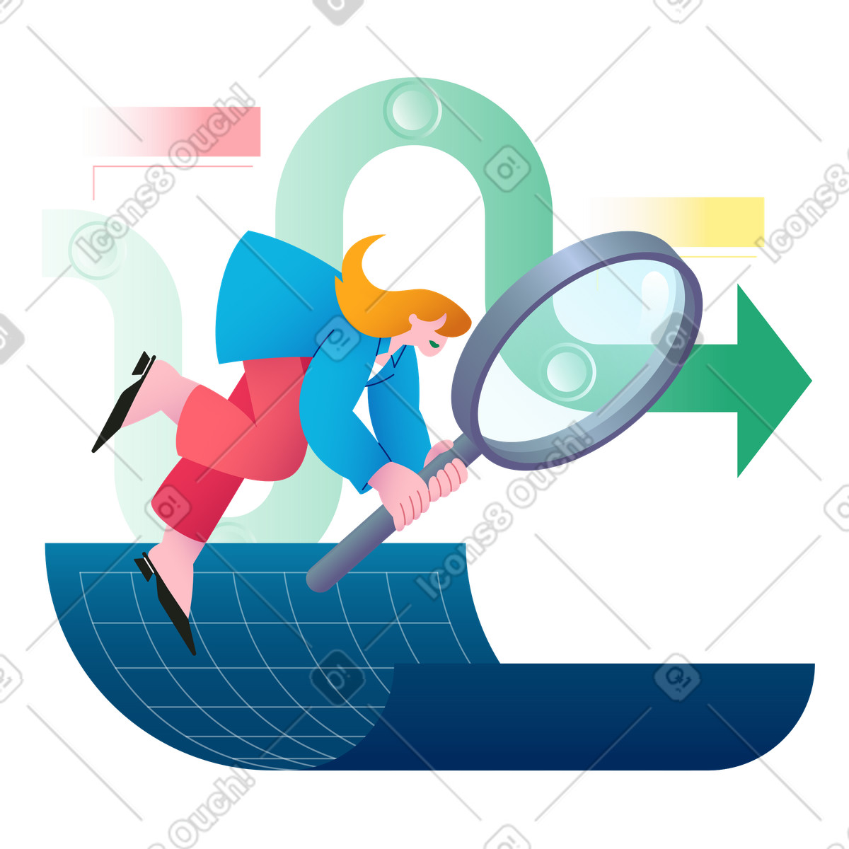 Professional analyzing business data with magnifying glass, planning and problem solving illustration in Colors style download in PNG, SVG