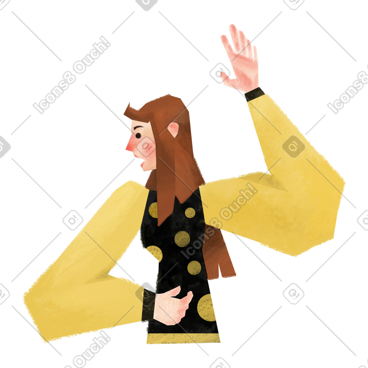 Ilustración Person with raised hand in yellow polka dot dress en estilo Family a descargar en PNG y SVG