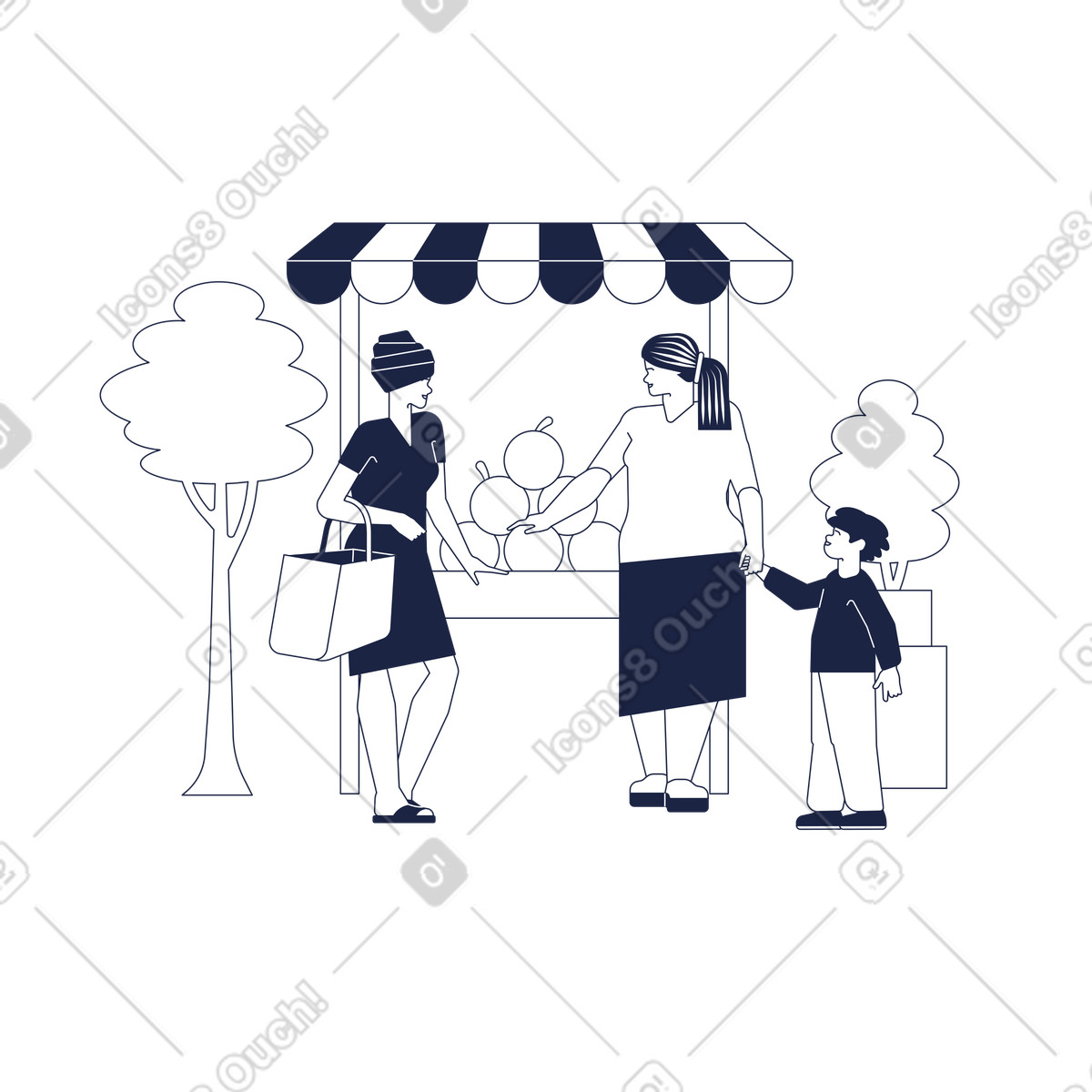 African women and child at grocery market illustration in Urban Line style download in PNG, SVG