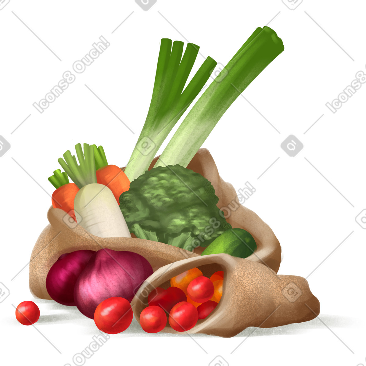 Illustration Sacs en toile de jute avec des légumes dans le style Demure à télécharger aux formats PNG, SVG