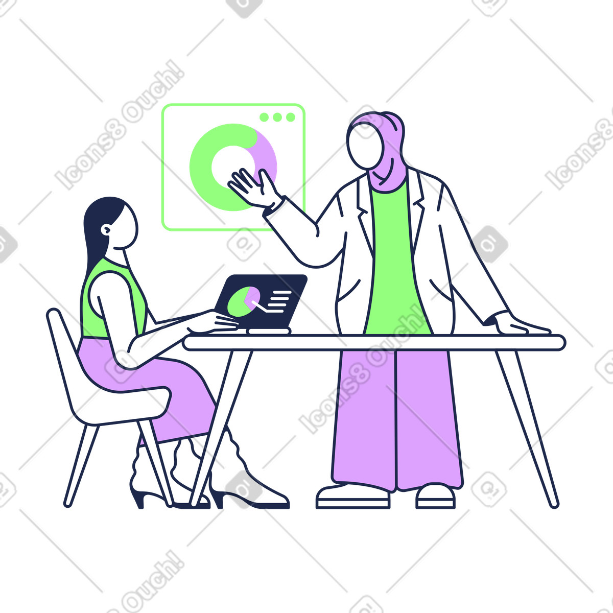 Illustration Femmes d'affaires discutant du projet d'équipe dans le style Outline à télécharger aux formats PNG, SVG