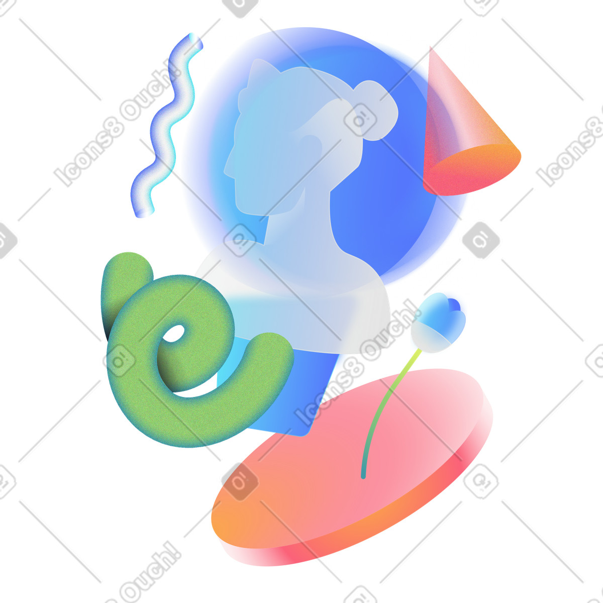 Ilustración Escultura rodeada de formas geométricas en estilo Morphis a descargar en PNG y SVG