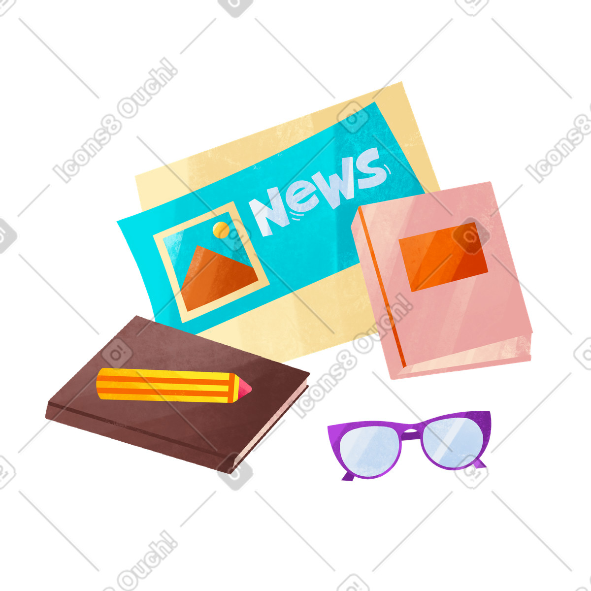 Ilustração de Jornal, livros, lápis e óculos em no estilo Bonbon para baixar em PNG, SVG