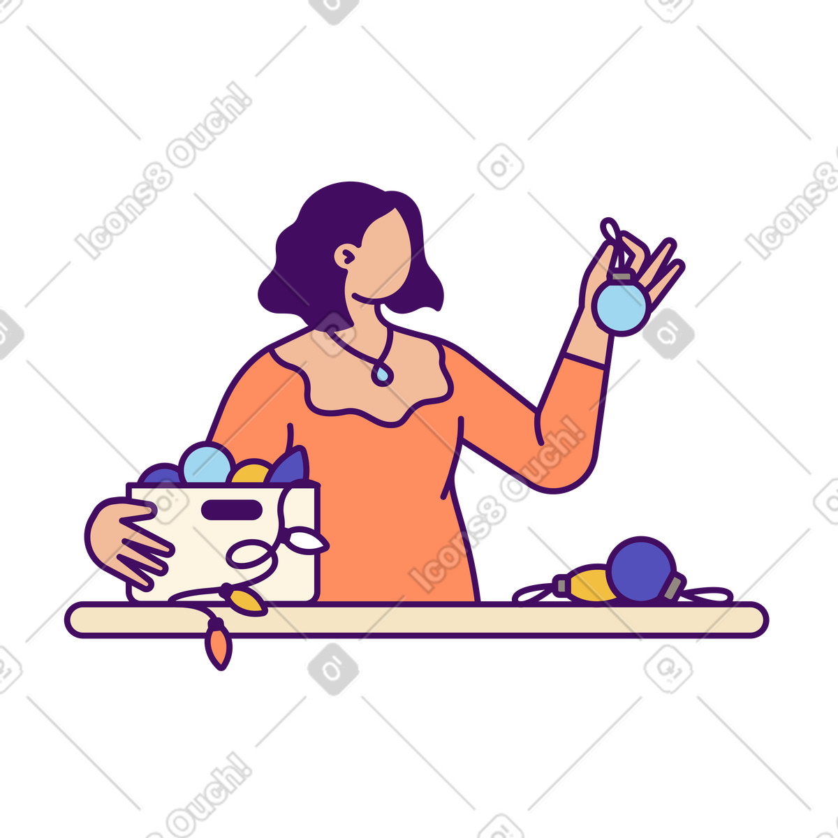 Unpacking ornaments and string lights, Christmas decorating preparation illustration in Simplistic style download in PNG, SVG