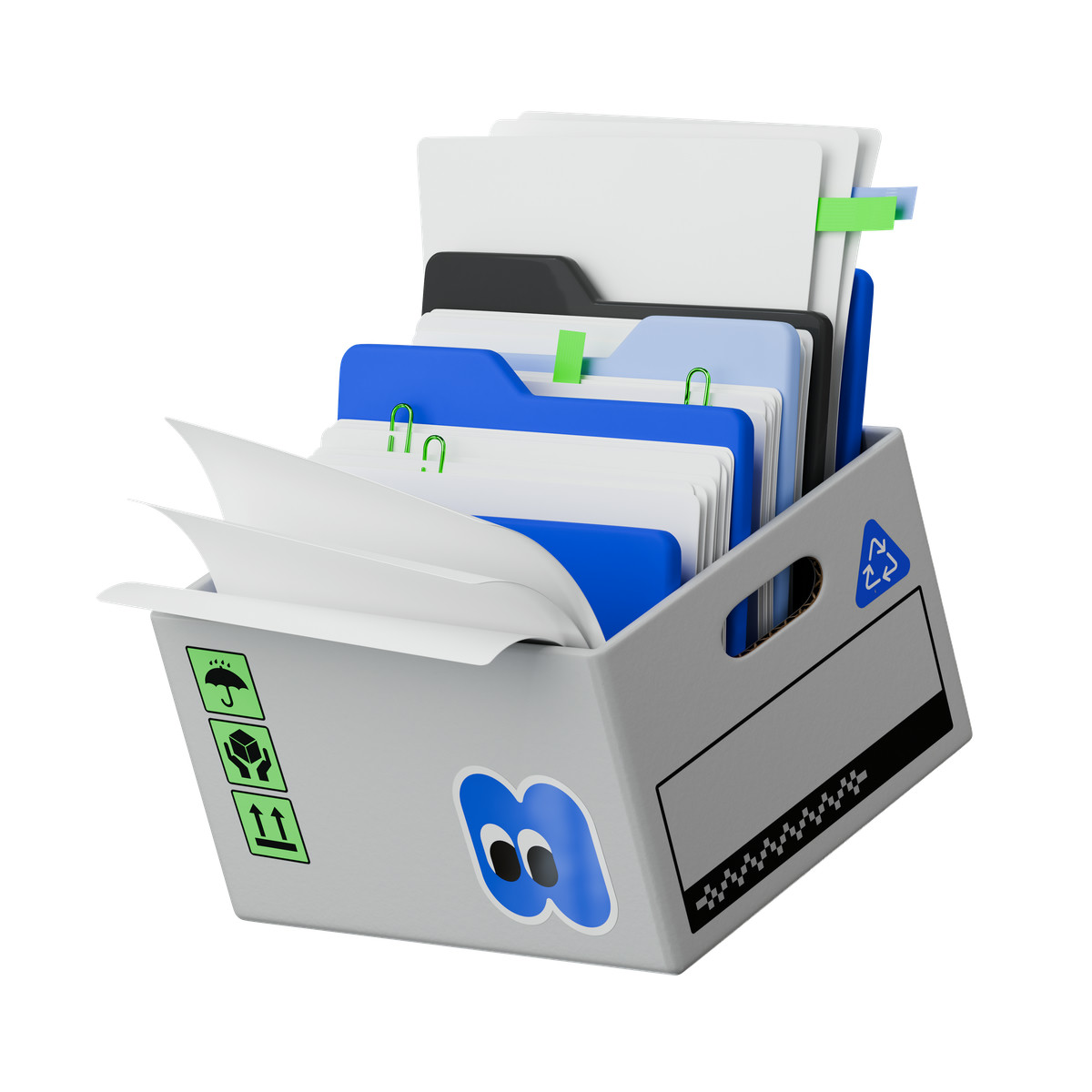 Illustration animée Office archive storage box holding folders with papers dans le style 3D Stickle à télécharger aux formats GIF, Lottie (JSON), AE