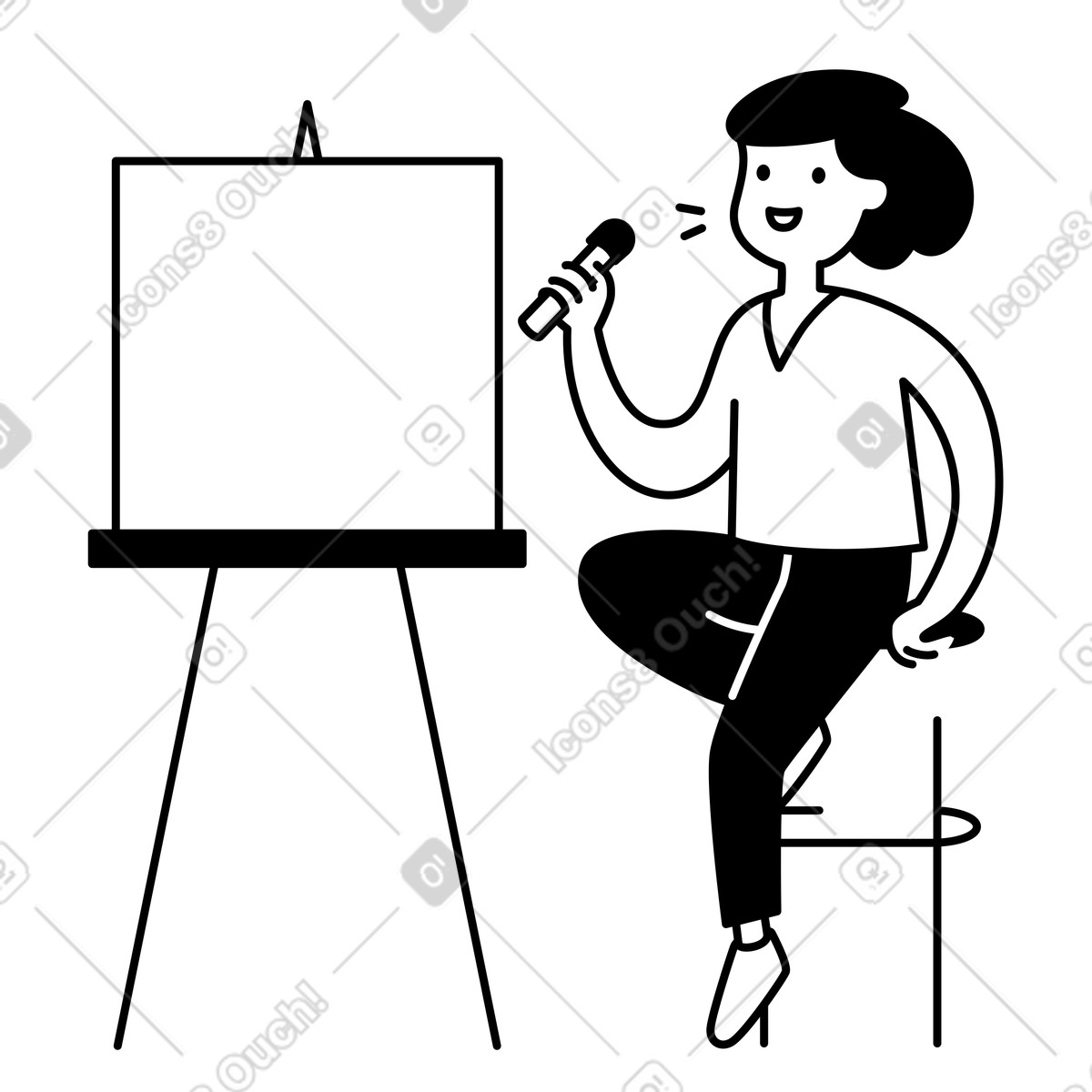 Notion Line Art スタイルの Teacher holding marker standing beside blank presentation board smiling のイラストをPNG、SVG形式でダウンロード