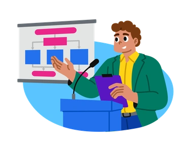 A man presenting a flowchart at a podium - Active style illustration