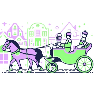 A horse-drawn carriage is moving down a snowy village street. The carriage is decorated with intricate details, featuring ornate patterns and a green-and-purple color scheme. Sitting proudly on the driver's seat is a nutcracker, wearing a traditional uniform with vivid accents. The horse pulling the carriage is strong and majestic, with its mane blowing in the chilly winter air. Flakes of snow are gently falling around them, covering the cobblestone street and the quaint buildings lining the path. In the background, a few villagers can be seen, bundled up in winter clothing, enjoying the serene atmosphere of the snowy village.
