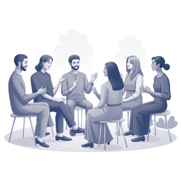A group of diverse characters gathered together in a harmonious setting. Each character represents a different culture, showcasing traditional attire that reflects their heritage. They are engaged in conversation, with animated expressions indicating the sharing of stories and experiences. The characters are positioned in a semi-circle, with some gesturing as they speak, while others listen intently. The background includes elements that suggest a communal space, such as trees or seating arrangements, enhancing the sense of togetherness.