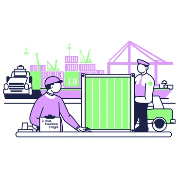 A security check is taking place at a port. In the foreground, a customs officer inspects a shipping container with a flashlight. The container is metal and prominently displays a “CIF” sign. Nearby, a clipboard rests on a table with documents related to "Cost, Insurance, and Freight." In the background, several cargo ships are docked, and cranes are busy loading goods. Several containers of different sizes are stacked along the dock, and a truck waits next to the officer, ready to transport goods.