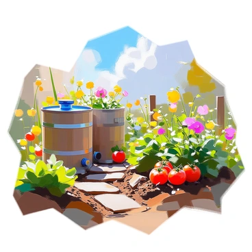 A vibrant garden scene showcasing various plants thriving in rich soil, with colorful flowers blooming throughout. In the foreground, there are several rainwater collection barrels made of dark wood, positioned near the plants. The barrels are filled with clear rainwater, reflecting the sunlight. Lush greenery surrounds the barrels, along with a variety of vegetables such as tomatoes and lettuce, all nourished by the collected rainwater. A small, winding path made of stones leads through the garden, inviting exploration. In the background, a blue sky filled with fluffy white clouds can be seen overhead.