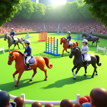 A group of riders on majestic horses gracefully navigating a course in an elegant equestrian arena. The riders are dressed in formal riding attire, including helmets and fitted jackets. The horses, a mix of breeds, display sparkling coats in shades of chestnut, black, and gray. The arena is surrounded by lush greenery, with spectators seated in the stands observing the event. The course features a series of colorful jumps and obstacles, strategically placed on the well-groomed grass. Sunlight filters through the trees, creating a warm ambiance over the scene.