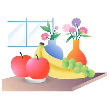 A still life composition features a variety of fruits, including red apples, yellow bananas, and green grapes, arranged on a wooden table. In the background, there are two vases, one a vibrant blue and the other a deep orange, both holding fresh flowers that add splashes of pink and purple. The colors of the fruits and vases are contrasted sharply, creating a lively and dynamic scene. Sunlight filters in from a nearby window, casting soft shadows on the table and enhancing the rich colors of the arrangement.