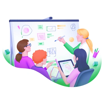 A modern pastel illustration depicting a group of four illustrators engaged in a brainstorming session around a large whiteboard. The whiteboard is covered with various colorful sketches and notes, showcasing a mix of ideas and concepts. Two illustrators, one with short brown hair and glasses and the other with long blonde hair tied in a ponytail, are actively discussing while pointing at the sketches. The third illustrator, with curly red hair, is jotting down notes on a notepad, and the fourth, with straight black hair, is examining a digital tablet. The setting is well-lit and features a cozy workspace with art supplies scattered around, including pens, markers, and paper.