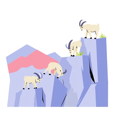 Mountain goats navigating steep cliffs with rugged rocky surfaces. The goats are depicted with angular shapes, showcasing their strong limbs and large horns. They are surrounded by a landscape of pastel-colored mountains in shades of blue, pink, and lavender. The goats are positioned at various heights along the cliff, some leaping from one rocky ledge to another while others are grazing on sparse vegetation. The sky above is light and airy, adding to the overall pastel theme of the scene.