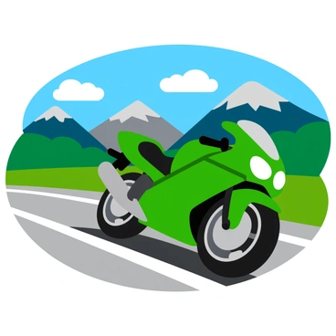 A green Kawasaki motorcycle is accelerating on a smooth highway. The bike is positioned in the foreground, featuring sleek lines and a shiny finish. In the background, there are majestic mountains with rocky peaks and lush greenery, under a bright blue sky dotted with fluffy white clouds. The highway stretches into the distance, flanked by vibrant grass on either side, creating a sense of speed and adventure.