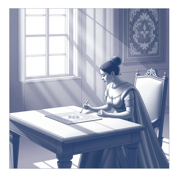 A noblewoman seated at an ornate wooden table in a sunlit chamber. She is focused on crafting an intricate embroidery piece, with delicate patterns visible on the fabric stretched before her. The room features elegant furnishings, including a richly adorned tapestry hanging on the wall and a plush chair beside her. Sunlight streams through a large window, casting intricate shadows and highlighting the fine details of her work. The noblewoman is dressed in an elaborate gown, her hair arranged neatly, and she holds a needle in one hand while the other gently guides the fabric.