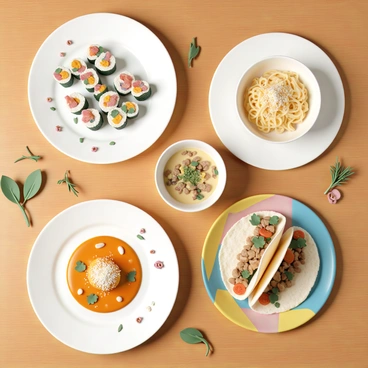 A collection of beautifully arranged dishes displayed on a wooden table, showcasing a variety of international cuisines. The first dish, "sushi rolls," features colorful fish and vegetables neatly rolled in rice and seaweed. Next, a "spaghetti carbonara" is presented in a white bowl, with creamy sauce and sprinkled parmesan on top. On the side, a vibrant "Indian curry" is served in a traditional bowl, with bright colors and garnished with fresh herbs. "Tacos" are filled with seasoned meat, fresh vegetables, and set on a colorful plate. Each dish is accompanied by small decorative elements, like herbs or spices, adding to the visual appeal. The scene captures the essence of global culinary diversity.