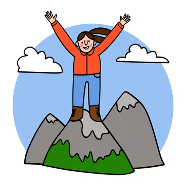 A girl with light skin and long brown hair stands triumphantly at the top of a mountain, with her arms raised in the air. She is wearing a bright red jacket, blue jeans, and sturdy hiking boots. The sky is clear and blue, with a few fluffy white clouds. The rocky mountain landscape is visible around her, with green patches of grass and distant peaks. Her facial expression shows joy and accomplishment.