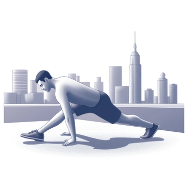 A man is performing a side plank exercise on a rooftop. He is positioned on his side, supporting his body weight with one forearm and the side of his foot. The skyline of a city looms in the background, featuring various tall buildings and skyscrapers. The man has a focused expression, illustrating concentration on his form and balance. The setting conveys an elevated perspective, with the urban environment clearly visible behind him.