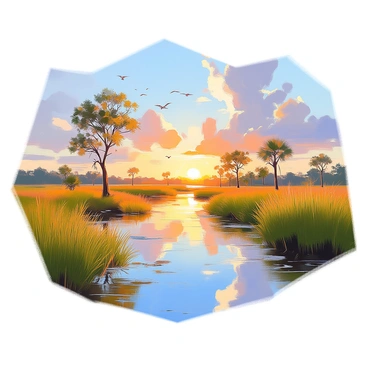 A panoramic view of the Everglades showcasing a vast expanse of lush green wetlands. Tall grasses sway gently in the breeze, while clusters of cypress trees rise above the marshy landscape, their roots exposed. The water reflects the clear blue sky, dotted with fluffy white clouds. In the distance, the horizon stretches where the sun begins to set, casting warm golden and orange hues across the sky. A variety of birds can be seen flying overhead, adding dynamic movement to the tranquil scene.