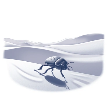 A scarab beetle moving rapidly across a vast desert landscape. The beetle is detailed with a hard shell and distinct markings. In the background, there are large, smooth sand dunes, rising and falling gracefully under a clear sky. The desert environment is expansive, with ripples in the sand created by the wind, emphasizing the scale of the landscape.