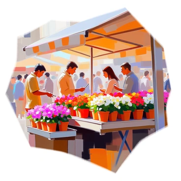 A bustling market stall selling pots of colorful geraniums on a sunny day