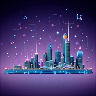 A series of colorful digital shapes and lines representing algorithms, interconnected and flowing into one another. These shapes gradually transform into a cohesive and detailed illustration of a technological cityscape featuring tall skyscrapers, intricate bridges, and glowing streetlights. The city is illuminated with vibrant colors depicting a bustling environment at night, with electric blue and neon green accents throughout the scene. The sky above features a gradient transitioning from deep purple to dark blue, scattered with stylized circuit-like patterns.