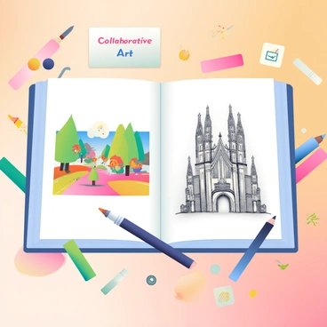 A large sketchbook lies open on a wooden table, filled with various drawings in different styles. The left page features a whimsical illustration of a forest, drawn in vibrant colors, with creatures peeking through the trees. The right page showcases a monochrome architectural sketch of an intricate building. Surrounding the sketchbook are a variety of art supplies, including colored pencils, markers, and paintbrushes scattered about. A small note with "Collaborative Art" is placed near the sketchbook, emphasizing the theme of shared creativity among multiple artists.