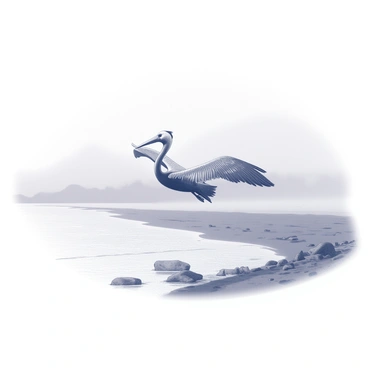A brown pelican is depicted in the process of emerging from a thick layer of morning fog. The bird's large wings are outstretched, revealing intricate feather details as it glides gracefully just above the calm surface of the water. The coastline is barely visible through the fog, with soft outlines of sandy shores and scattered rocks. The scene conveys a sense of tranquility, as the pelican approaches the shore with a purposeful yet serene demeanor.