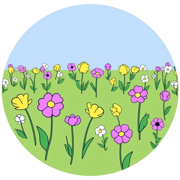 A sprawling field filled with vibrant ranunculus flowers in various colors, including pink, yellow, and white. The flowers are in full bloom, creating a patchwork of colors across the green grass. Above the field, there is a clear blue sky without any clouds, allowing bright sunlight to illuminate the scene.