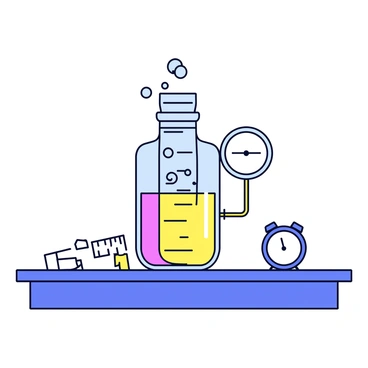 A transparent cylinder is filled with colored gas, creating a vibrant visual effect. The cylinder is placed upright on a lab table. A pressure gauge is attached to the side of the cylinder, displaying varying pressure levels. Bubbles can be seen rising through the gas, indicating movement and activity. There are measuring tools such as a ruler and a stopwatch nearby, enhancing the scientific atmosphere of the experiment.