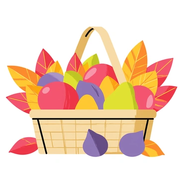 A basket filled with autumnal fruits like apples, pears, and figs against a fall foliage background