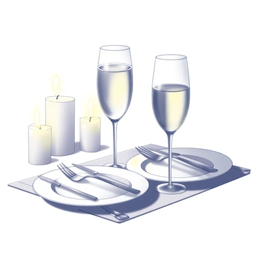 Two coupe glasses filled with champagne are positioned elegantly on a candlelit table. The glasses have a delicate, curved shape, reflecting the soft glow of the flickering candles nearby. The table is adorned with a neatly folded white tablecloth, adding a touch of sophistication. In the center, there is a small cluster of lit candles, casting warm light and gentle shadows. Two dinner plates wait beside the glasses, each accompanied by polished silverware, creating an inviting atmosphere for a romantic dinner. The setting is intimate and cozy, perfect for a memorable evening.
