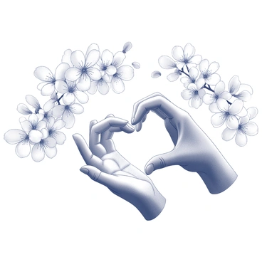 Two hands positioned to form a heart shape, with the fingers elegantly curved and the palms facing each other. Surrounding the hands, a profusion of cherry blossoms with delicate petals is visible, their intricate details adding texture to the scene. The blossoms are depicted in a natural arrangement, with some petals falling gently, creating a sense of movement. The background is filled with soft outlines of the blossoms, emphasizing the heart formed by the hands at the center of the composition.