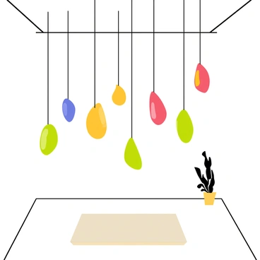 An art installation featuring large cabochon stones suspended from the ceiling